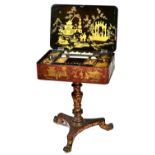 A Regency scarlet lacquer chinoiserie decorated work table,