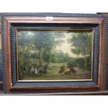 Dutch School (18th century), A hunting party in a wooded clearing, oil on panel, 25cm x 38cm.