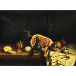 Kenneth Howes (20th century), Still life with ham, onions, mushrooms and bottle, oil on canvas,