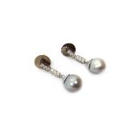 A pair of grey tinted cultured pearl and diamond drop earrings,