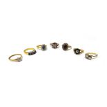 A 9ct gold, sapphire and diamond seven stone cluster ring, a 9ct gold,