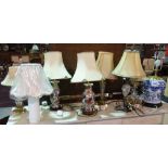 A group of eight table lamps, including a Chinese blue and white vase lamp,