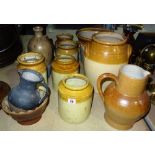 A quantity of large stoneware pots and jars, including a twin handled jardiniere, (qty).