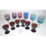 A harlequin set of six coloured wine glasses and a set of six amethyst glasses (12) est: £25-£45
