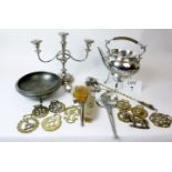 A mixed lot of metalware to include plated spirit kettle and stand, candelabra, dressing table set,