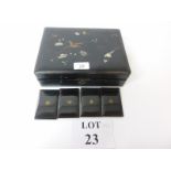 A late 19th/early 20th century Oriental black Japanned card box with pheasant decoration and