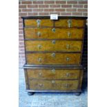 A George III burr walnut chest on chest with two short drawers over five long all with brass