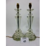 A large pair of glass candlesticks,