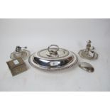 A collection of EPNS to include an entrée dish and cover, embossed box, cruets, burner, coaters,