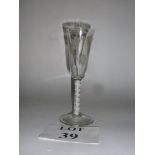 A 19th century ale glass with engraved hop and wheat decoration, double opaque spiral twist stem,