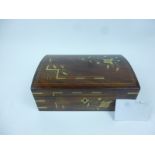 A decoratively inlaid jewellery box with mirrored interior and velvet lined lift-out tray est:
