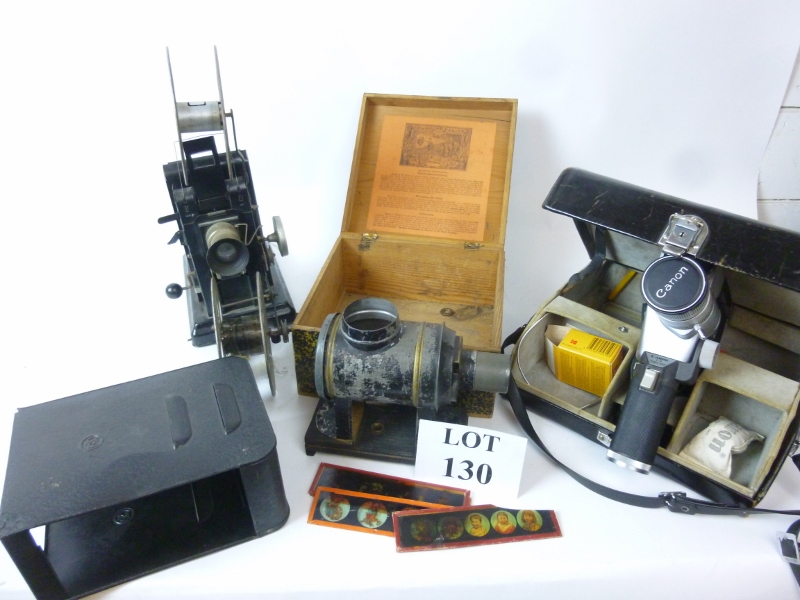 A magic lantern with slides; a Canon Cin