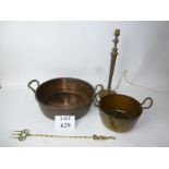 A copper preserve pan; and other brass o