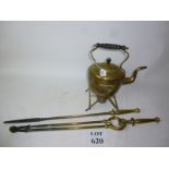 A brass 19c spirit kettle on stand and t