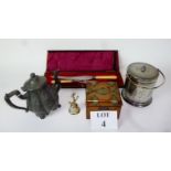 A mixed lot to include a tea caddy; pewter teapot and biscuit barrel;