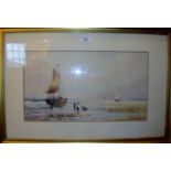 A framed and glazed watercolour beach scene 'On the Dutch Coast' depicting figures by a beached