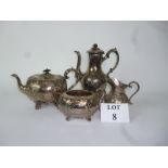 A three piece Britannia metal tea set and an associated coffee pot (4) est: £25-£45 (D1)