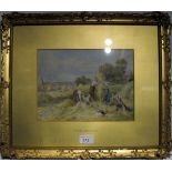 Myles Birket Foster RWS - A gilt framed watercolour girls collecting hay mono lower left BF (20 x