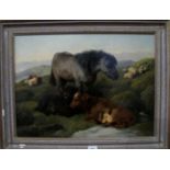 George W Horler (1849-1891) - A framed oil on canvas cattle and a donkey signed lower left (44 x 60
