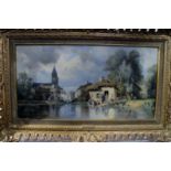 Charles Euphrasie Kuwassey (1838-1904) - A gilt framed oil on board village by a pond signed dated