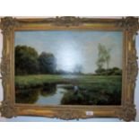 Buttery? - A gilt framed oil on canvas country landscape with fisherman by a lake signed mono lower