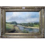 Clive Madgwick (1934-2005) - A framed oil on canvas landscape river scene with fisherman signed