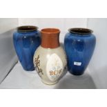 A pair of large Bourne Denby blue glazed vases (rim chip to one) together with another signed Glen