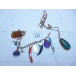 A 9ct gold charm bracelet with ten large charms and a turquoise pendant on a 9ct gold chain est: