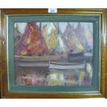 A walnut framed oil on board study of rowing boats by tipi tents est: £40-£60