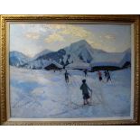 Alfred Swieykowski (186901953) - A framed oil on canvas Alpine ski scene signed lower right (46 x