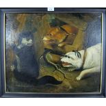 A framed oil on canvas study of two dogs scaring a cat up a tree (canvas repaired) est: £80-£120