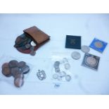 A collection of old coins to include a purse with coins, a bag 9 pennies, a bag of sixpence's,