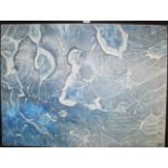 A large framed oil on canvas blue abstract scene mono D.