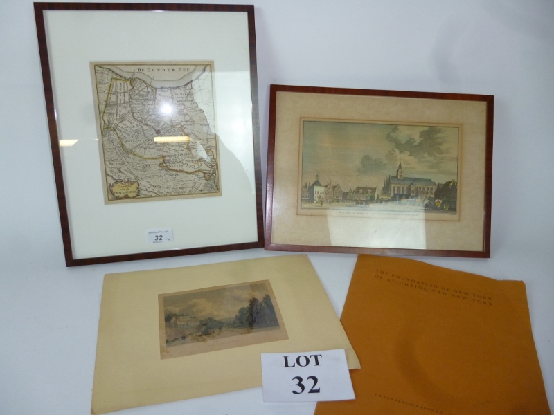 A framed map 'Caarte van de Eem-Landen'; a coloured etching Dutch town scene;