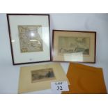 A framed map 'Caarte van de Eem-Landen'; a coloured etching Dutch town scene;