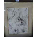 An oak framed and glazed print depicting various scenes with Sir Henry Irving as Mephistopheles