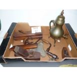 Wood working tools and some items of metalware to include a coffee pot est: £20-£30 (A4)