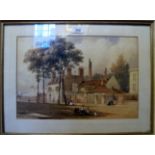 A framed and glazed watercolour street scene signed Cobley Ferishay? lower left (27.5 x 40.