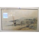 A framed and glazed watercolour study of 'Dunoon on Clyde' coastal scene with sailing ship signed J