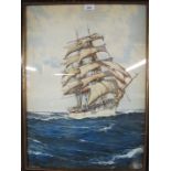 A framed and glazed Montague Dawson print depicting a sailing ship at sea bears print signature