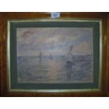 A walnut framed pastel on board depicting sailing boats at sea possibly signed indistinctly lower