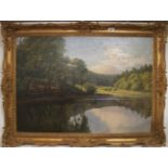 F Miller - A gilt framed oil on canvas forest by a lake signed lower left (63 x 89 cm approx) est: