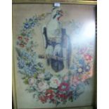 A large framed and glazed high relief tapestry study of a bird amongst a flower wreath est: