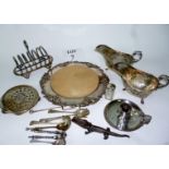 A mixed lot of plate to include a pair of Mappin & Webb sauce boats; bread/cheese board;