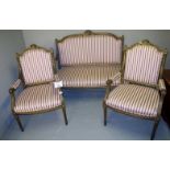 A c1900 French two seater and two armchairs upholstered in a cream and red stripe material est: