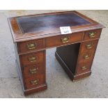 A Victorian mahogany pedestal desk of small proportions with tooled leather top over nine drawers