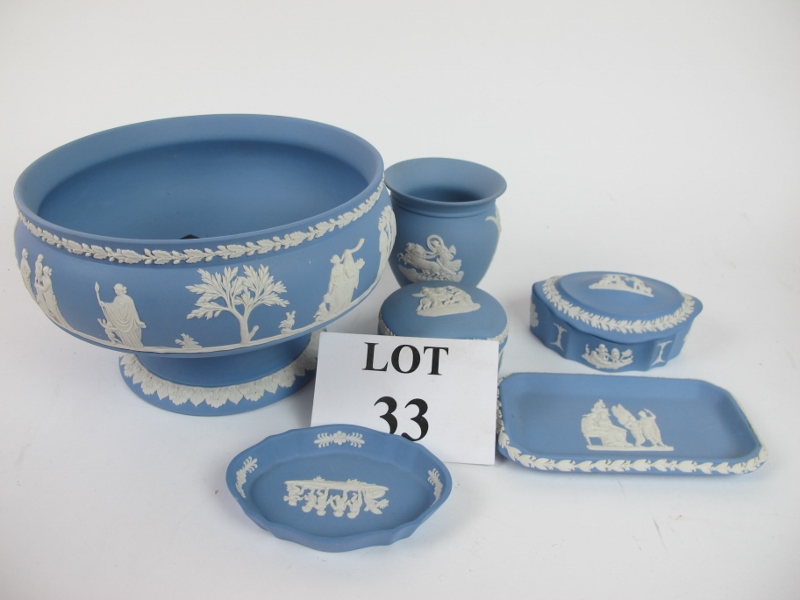A large Wedgwood blue Jasperware footed bowl;