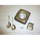 Two silver jam spoons both fully hallmarked and silver fronted pocket watch holder and pocket watch