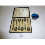 A set of six silver teaspoons with jade type handles Birmingham 1914 and a small damaged silver