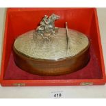 A fine silver model of a show jumping horse jumping a fence on a wooden base Sheffield 1980 boxed